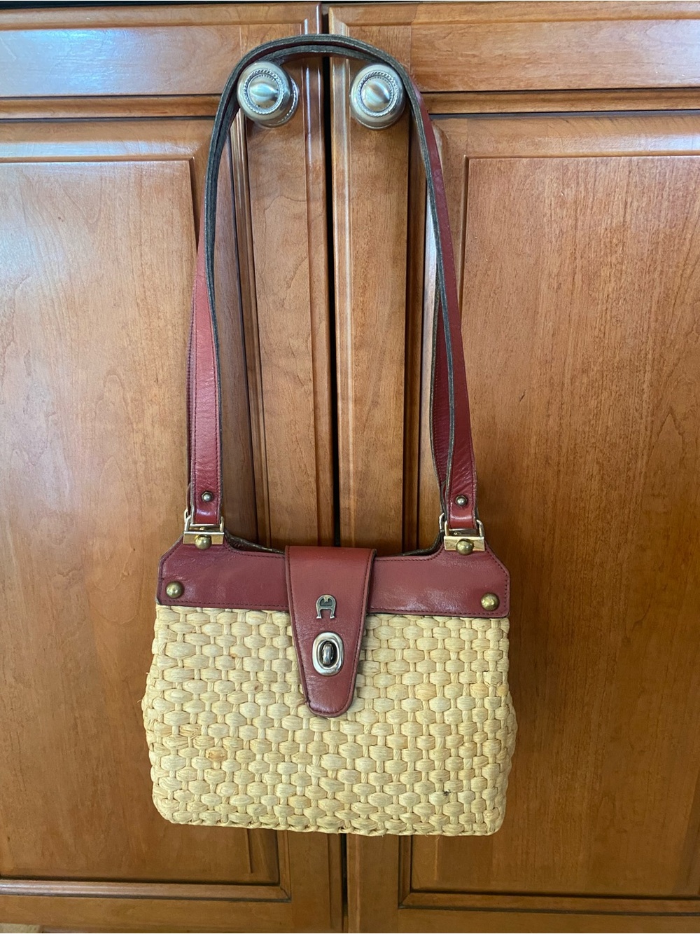 Vintage Etienne Aigner Hand Made Straw Shoulder Bag with Burgundy Leather Trim